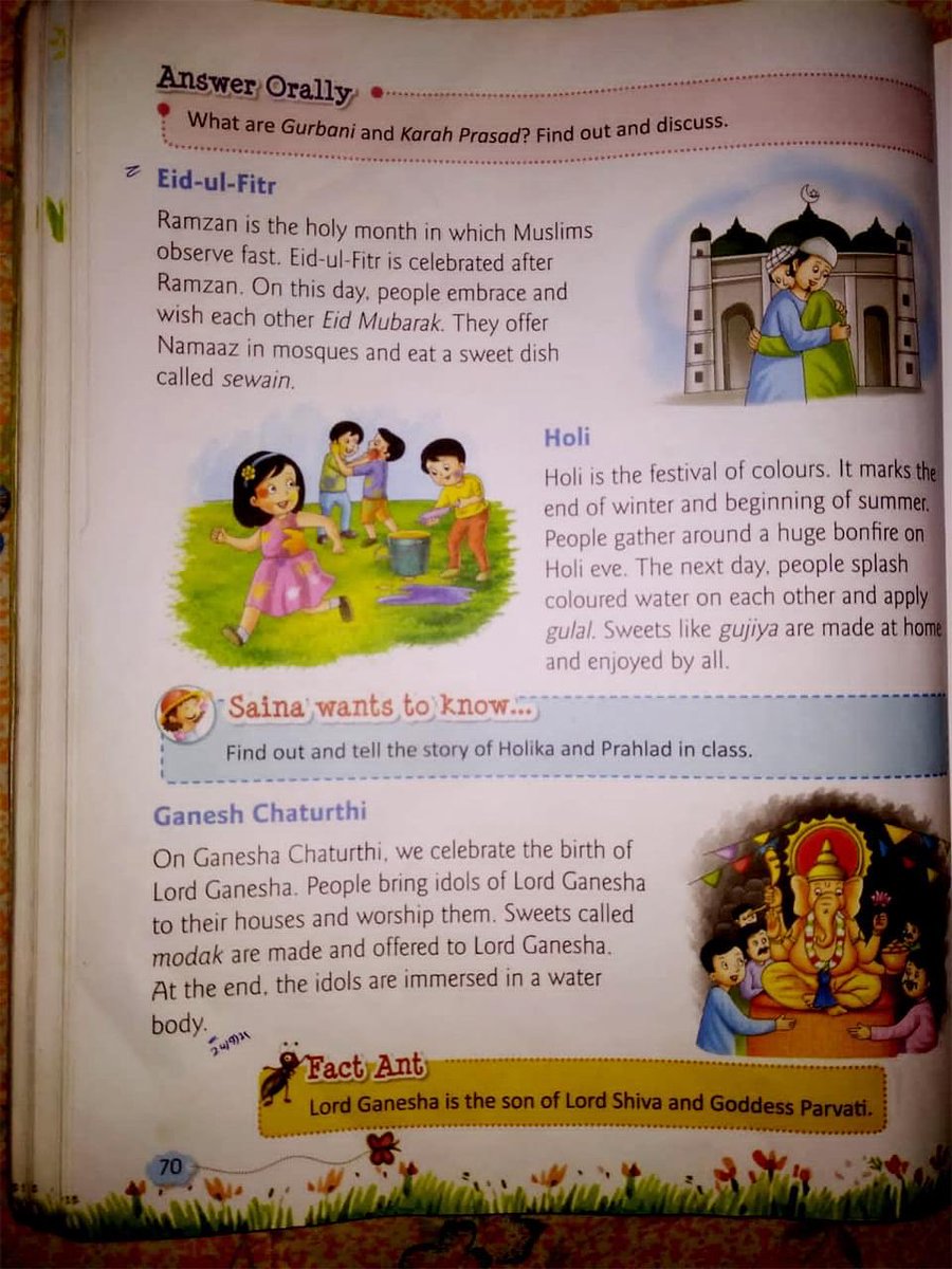 chhuti_is's tweet photo. Class 2 books approved by NCERT.

Muslims celebrate Eid. They embrace each other.

We celebrate the birth of Lord Ganesh’s on Ganesh Chaturthi.

THEY vs WE.
 Class 2, age 7.
It starts that early. https://t.co/OSufnT23nu