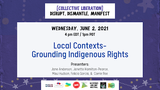 MuseumsandRace's tweet photo. A practical session focused on a specific tool that can be used to work w/Indigenous communities. . . - #JaneAnderson #JanetteHamiltonPearce #MauiHudson @FeliciaRenee00 @CorrieRoe @localcontexts , Local Contexts. . . Indigenous Rights #CollectiveLiberation https://t.co/BUmVSBpXQN https://t.co/LlbOSR4vf8