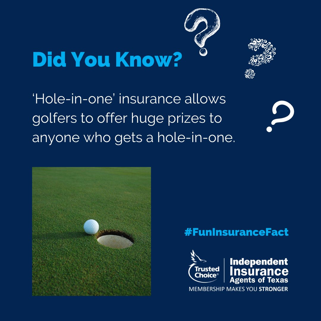iiatexas's tweet photo. #FunInsuranceFact
This insurance works like any other kind of insurance policy, except instead of insuring your property against damage, you are paying a premium to eliminate the risk of having to pay for a prize if someone makes a hole-in-one during your golf event.
#IIAT #TIL https://t.co/OsQ1KVLPFz