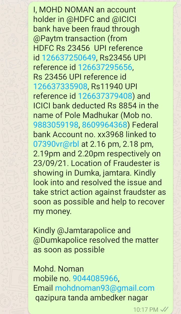 Mohdaman01's tweet photo. Sir, we have confirmed from our local police (Tanda Ambedkar Nagar) by tracking fraudulent phone no that they are belong to nearby Dumka and Jamtara JH.
So @jamtarapolice and @DumkaPolice need your intervention in this fraud.
please do needful.

@RBI @HDFC_Bank @ICICIBank @Paytm https://t.co/ZcrjYPl3u6