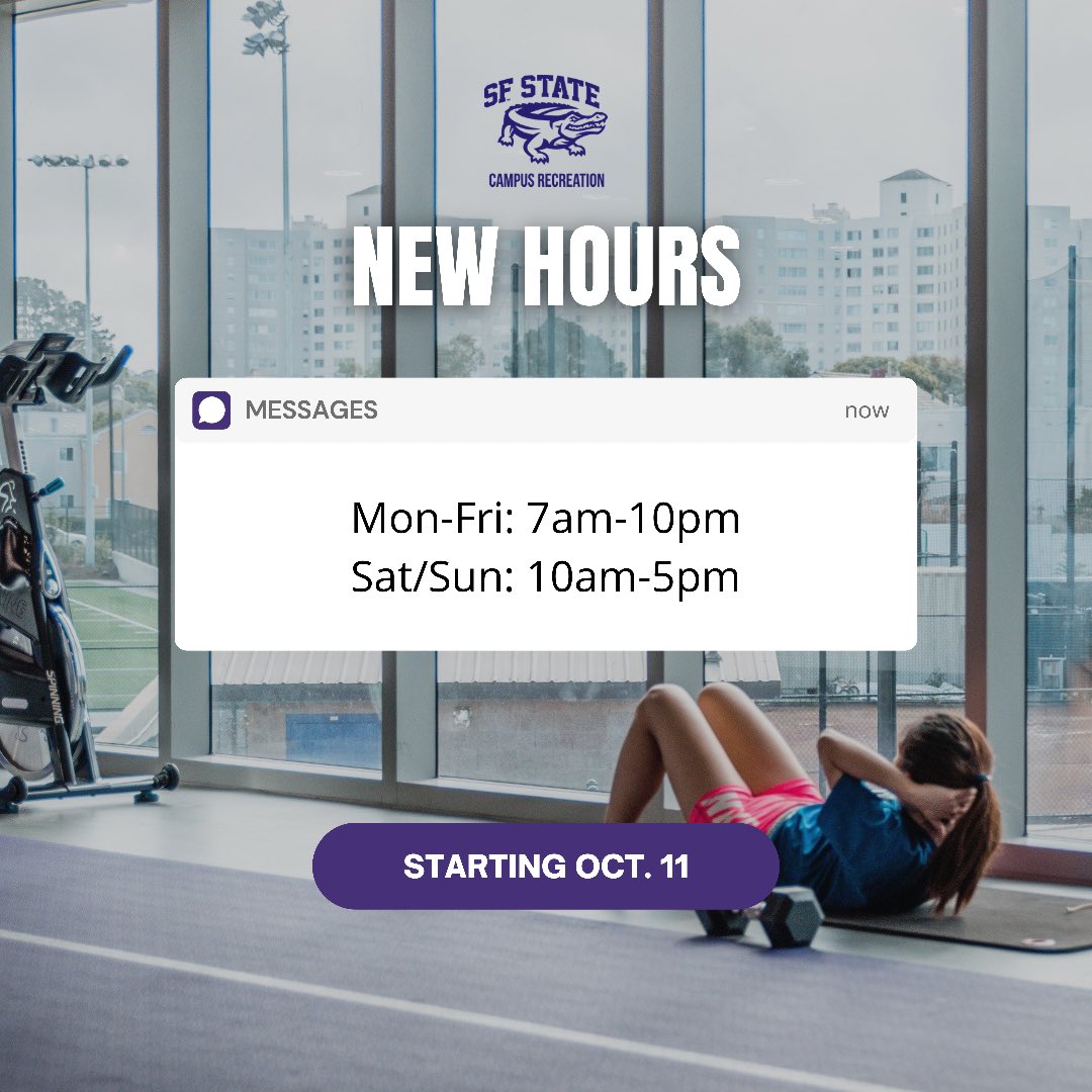 Have you visited the MWC yet? Starting October 11, we’re expanding our weekday hours two hours later 🤩 Come by and enjoy a late night workout! ✨🌙
Monday-Friday: 7am-10pm
Saturday/Sunday: 10am-5pm