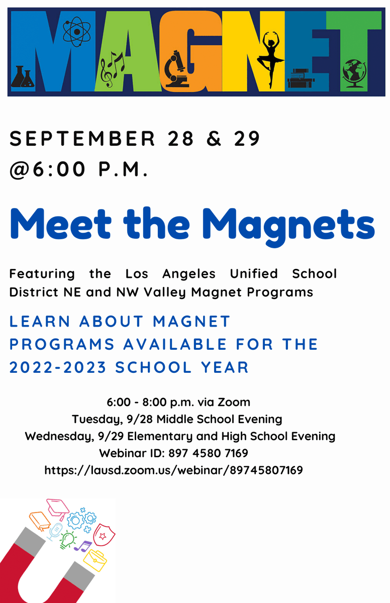 🚨 BD6 Families! <a href="/LDNESchools/">LDNortheast-ARCHIVE</a> &amp; <a href="/LAUSDNorthwest/">LAUSD Local District Northwest</a> are hosting a (Virtual) Magnet Night on Tues. Sept. 28 &amp; Wed. Sept. 19 from 6pm-8pm. This event will provide families with information about the Magnet application process &amp; explore options available for the 2022-2023 school year.🎓