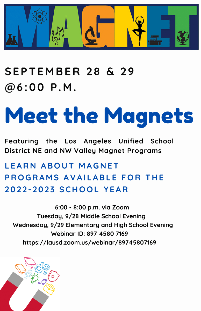 🚨 BD6 Families! @LDNESchools & @LAUSDNorthwest are hosting a (Virtual) Magnet Night on Tues. Sept. 28 & Wed. Sept. 19 from 6pm-8pm. This event will provide families with information about the Magnet application process & explore options available for the 2022-2023 school year.🎓