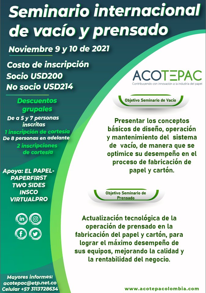 acotepacolombia's tweet image. Los objetivos del Seminario Internacional de Vacío y Prensando para que te conectes con Acotepac este 9 y 10 de noviembre.

Link de inscripción ----&amp;gt; lnkd.in/eKC65hHb

 #paperprocess #industriapapelera  #paperchain #papel #colombia  #papel #carton #tissue #vacío #prensa