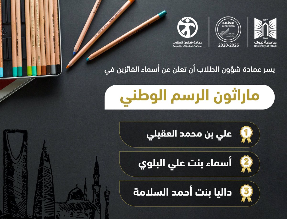 dsa_ut's tweet photo. #تهنئة:
تهنئ عمادة شؤون الطلاب، الطلبة الفائزين في #ماراثون_الرسم_الوطني
على الفائزين والفائزات التواصل عبر البريد الإلكتروني:
st-af@ut.edu.sa
نشكر الجميع على المشاركة
#الفائزين ⤵️ https://t.co/xj2ApTRfcu
