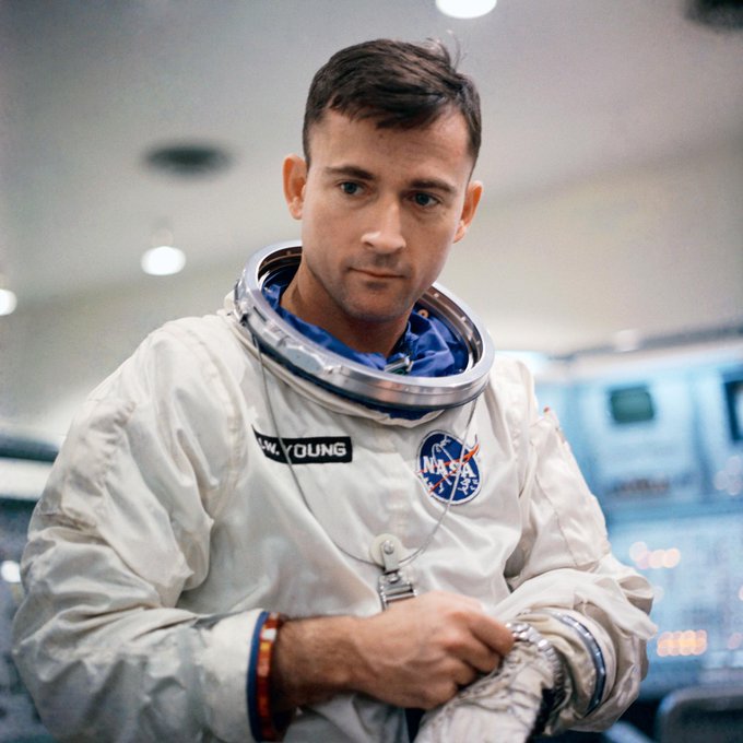 John Young in partial spacesuit