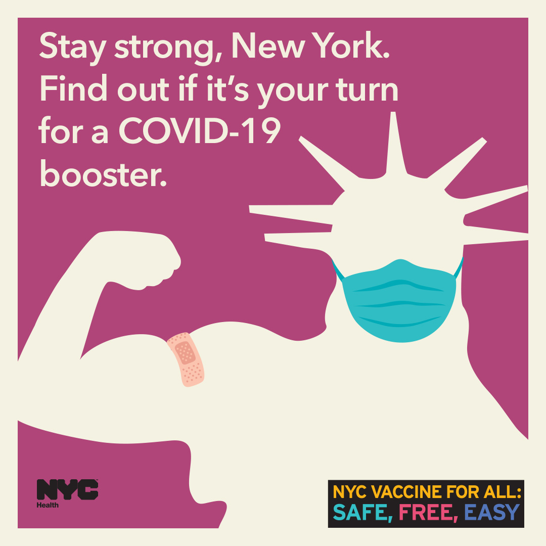 nycgov's tweet photo. Pfizer's so nice, get it thrice! You're eligible for the Pfizer booster if you got your second dose more than 6 months ago and are:

☑️ 65+
☑️ 18-64 and have an underlying medical condition
☑️ 18-64 and have a higher risk job
☑️ Live in a nursing home or long-term care facility https://t.co/LKuUoCNEGX