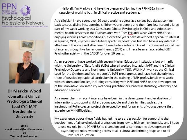 Welcome! This is our 3rd post introducing members of our NEY PPN steering group - today we introduce Dr Marku Wood @MarkkuWood . If you want to know more about the the network please join our ‘Pop-Up Event’ 8thOct 12-1pm. MS Team - teams.microsoft.com/l/meetup-join/…