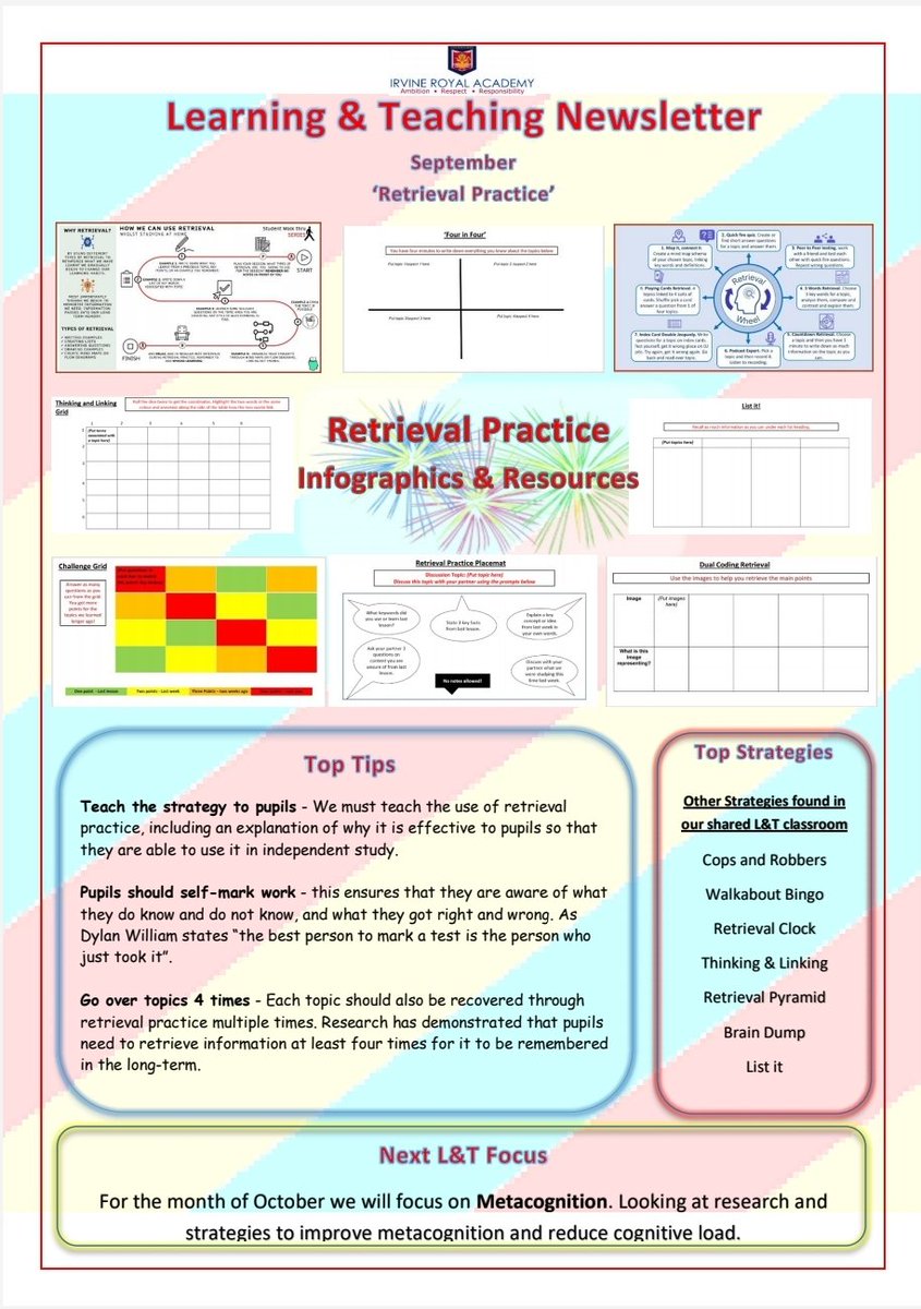 irvine_royal's tweet photo. Thanks to all departments for the 'sharing good practice' resources  from our inset task earlier in the week! Here is our September newsletter on our focus for this month #retrievalpractive @IrvineRoyalAcad https://t.co/lR8GglAj8F