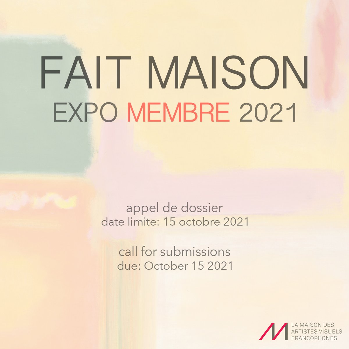 EXPOSITION ANNUELLE DES MEMBRES 2021
EN LIGNE ET EN GALERIE
//
ANNUAL MEMBERS EXHIBITION 2021
ONLINE AND IN GALLERY

voir plus/ more info: maisondesartistes.mb.ca/evenements/app…
