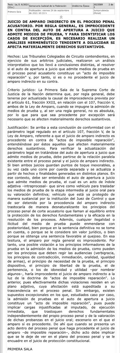 veroosornio's tweet photo. ¿Es procedente el #juiciodeamparo vs el auto de apertura a juicio q admite medios de prueba?
X regla gral NO
Es un <vehículo para trasladar los medios de prueba de la etapa intermedia al juicio oral para su valoración> de ser detenido trastocaría principios del proceso penal🚗 https://t.co/XiFL5lCrLh