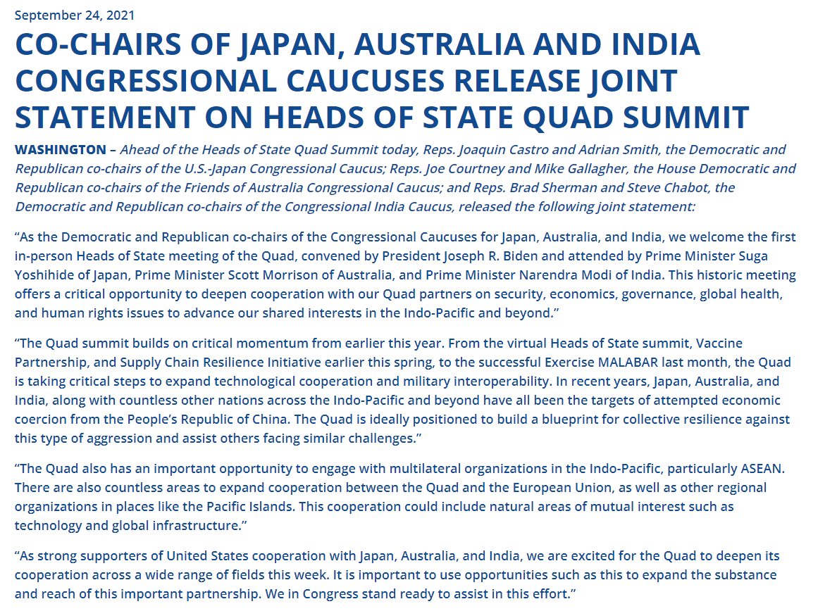 As the Democratic and Republican co-chairs of the Congressional Caucuses for Japan, Australia, and India, we welcome the first in-person Heads of State meeting of the #Quad, convened by @POTUS, to advance our shared interests in the Indo-Pacific and beyond. Here’s our statement: