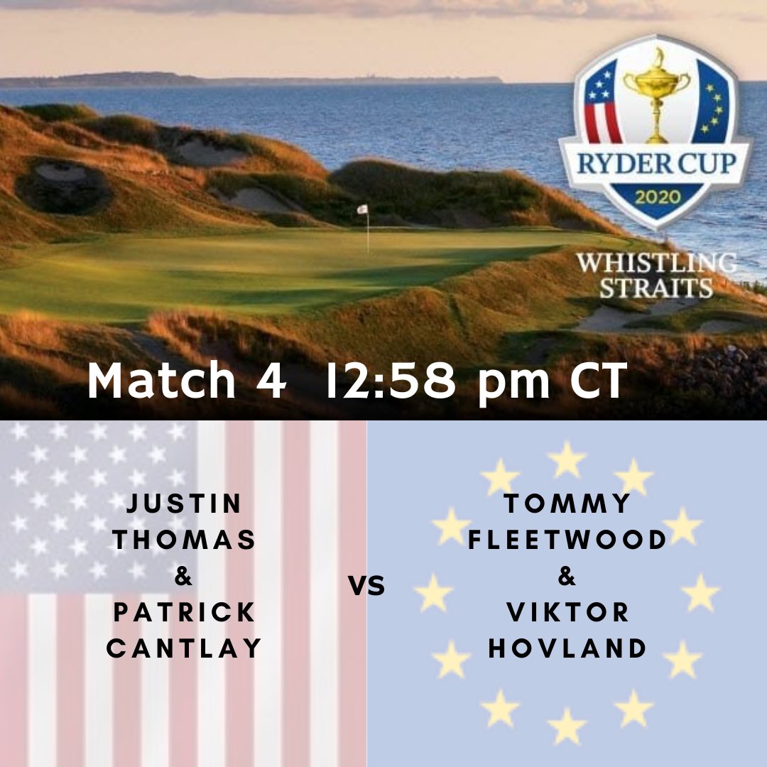 Day 1 afternoon Four-ball matches are as follows. USA leads 3-1 after morning foursomes. #RyderCup #TeamEurope  🇪🇺 #TeamUSA 🇺🇸