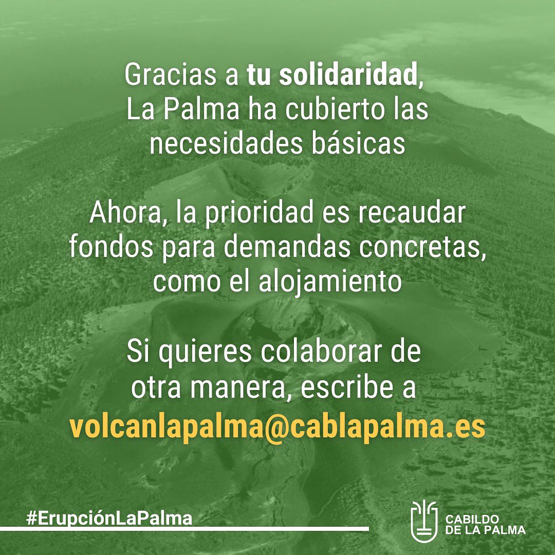 ✅ La Palma ha cubierto las necesidades básicas.

🏠 La prioridad es recaudar fondos para demandas concretas.

ℹ️ Usa las cuentas oficiales para aportaciones económicas.

📨 Si quieres colaborar, escribe a volcanlapalma@cablapalma.es

🔗 Más info: cabildodelapalma.es/es/como-ayudar…