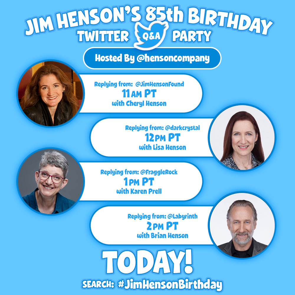 jimsredbook's tweet photo. TODAY! Join us as we celebrate Jim Henson’s 85th Birthday! Chat live w/Cheryl, Lisa &amp; Brian Henson, &amp; puppeteer Karen Prell. We’ll be discussing Jim's legacy, &amp; taking questions about #Labyrinth, The #DarkCrystal, &amp; #FraggleRock! The fun starts at 11am PT. There will be prizes! https://t.co/calUVNYkRD