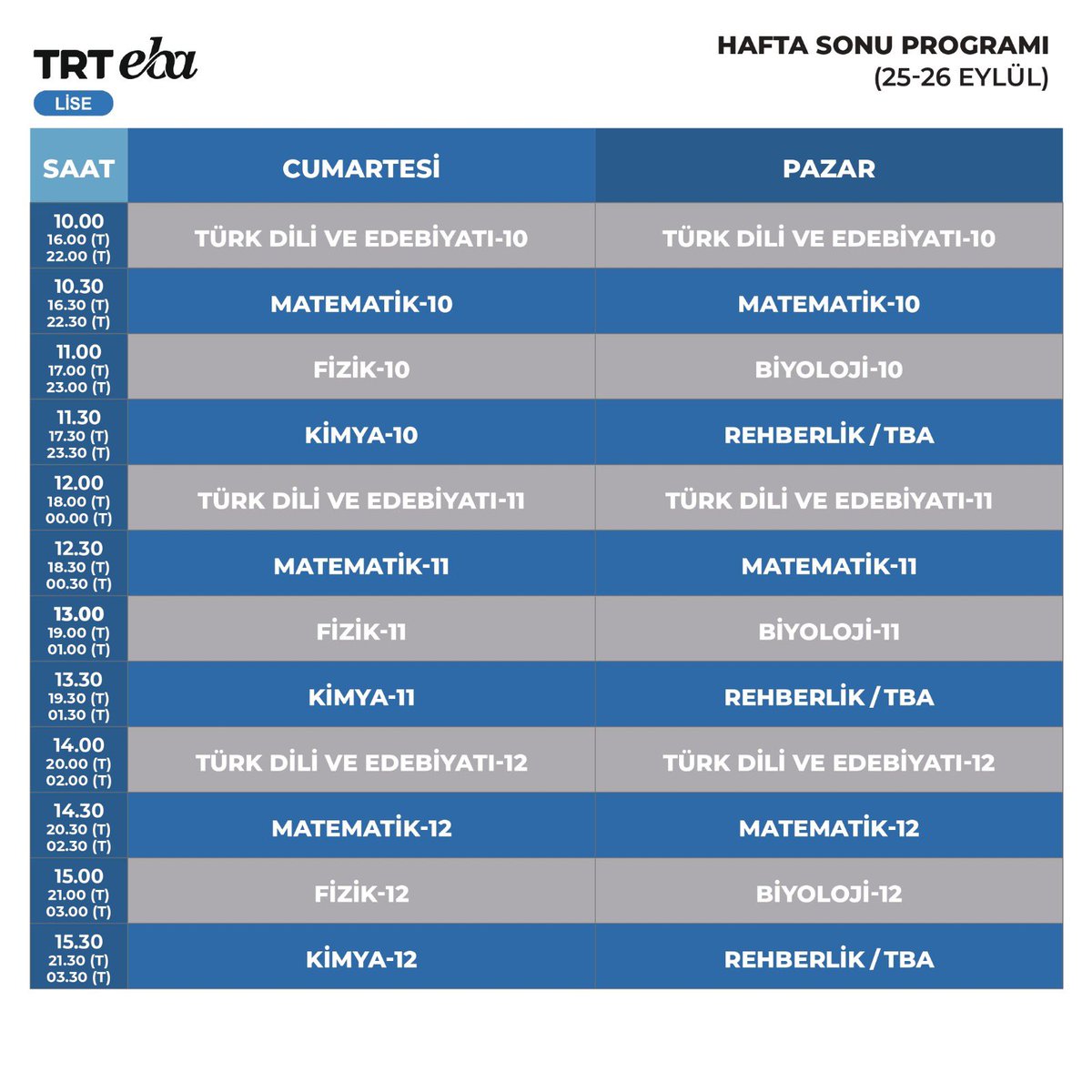 📺 TRT EBA Ekranlarında Hafta Sonu

🗓 25-26 Eylül 2021 

📺 TRT EBA İlkokul kanalının program akışı👉🏻meb.ai/KbG6aY

📺 TRT EBA Ortaokul kanalının program akışı👉🏻 meb.ai/UJcyCY

📺 TRT EBA Lise kanalının program akışı 👉🏻meb.ai/KqMAQ9
