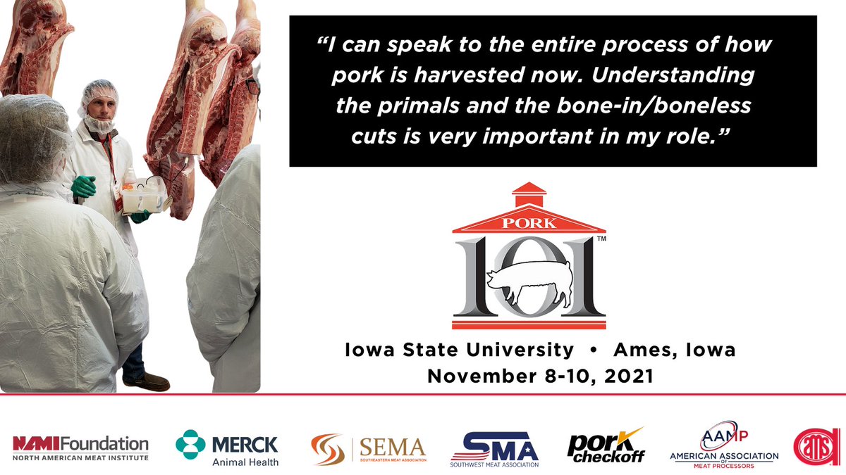 MeatScience's tweet image. #PORK101 has updated the course content to bring you the latest information on the pork industry. Learn about value differences in swine, pork carcasses, pork primals, and processed pork products from meat science faculty and AMSA members. Register today bit.ly/AMSAPork101