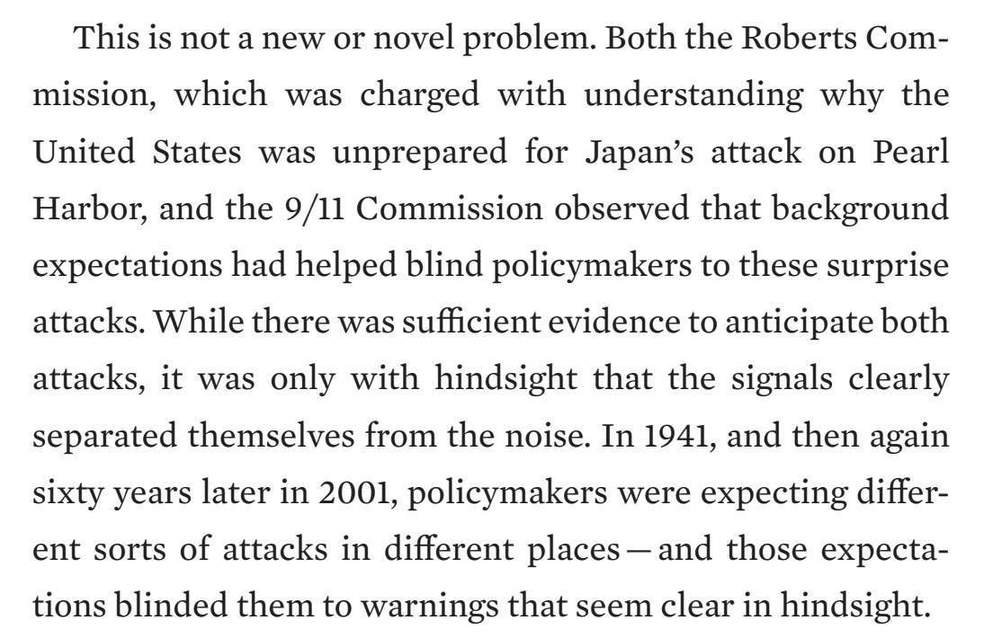 ArmsControlWonk's tweet photo. @aaronbateman22 You see this in other warning failures, whether Pearl Harbor or September 11th. Policymaker priors were too strong for the warning to be correctly perceived. This is a point I made in my novel, the #2020Commission. https://t.co/47MYmk14lw