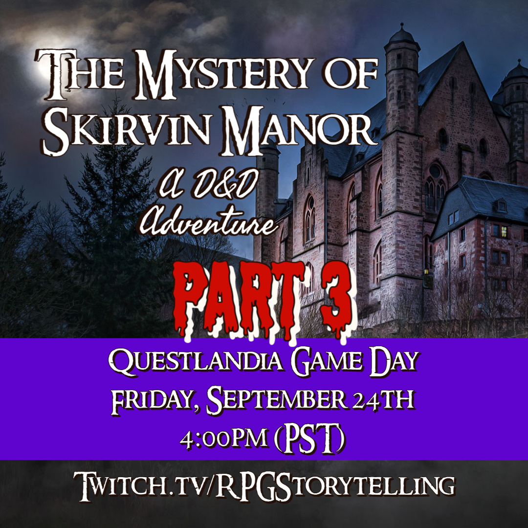 RpgStorytelling's tweet photo. Join us on Friday, Sept 24th at 4:00pm (PST) for the thrilling Part 3 of The Mystery of Skirvin Manor. 

Will the characters solve the mystery before it is too late? Or will they become the next victims of Skirvin Manor?

Come join us to find out!

Where: https://t.co/wqZBeRgIJs https://t.co/PQOxGpnrOx