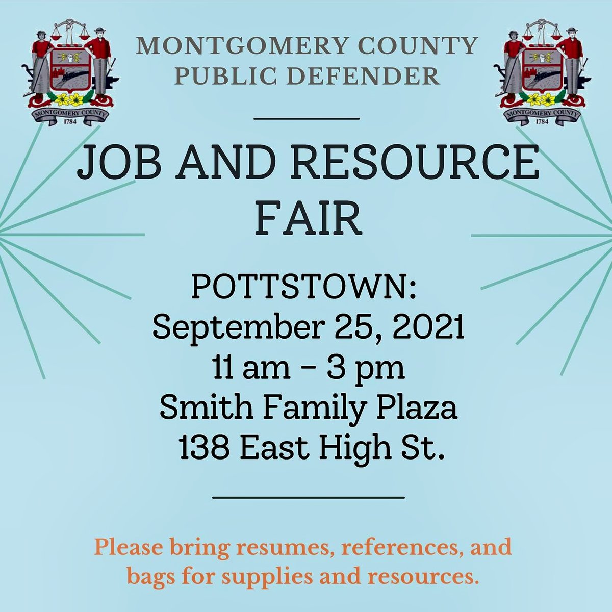 We're holding a job and resource fair 11AM - 3 PM this Saturday, September 25, 2021 at Smith Family Plaza 138 East High Street in Pottstown, PA! Bring resumes and bags for supplies and speak with potential employers at this community event!