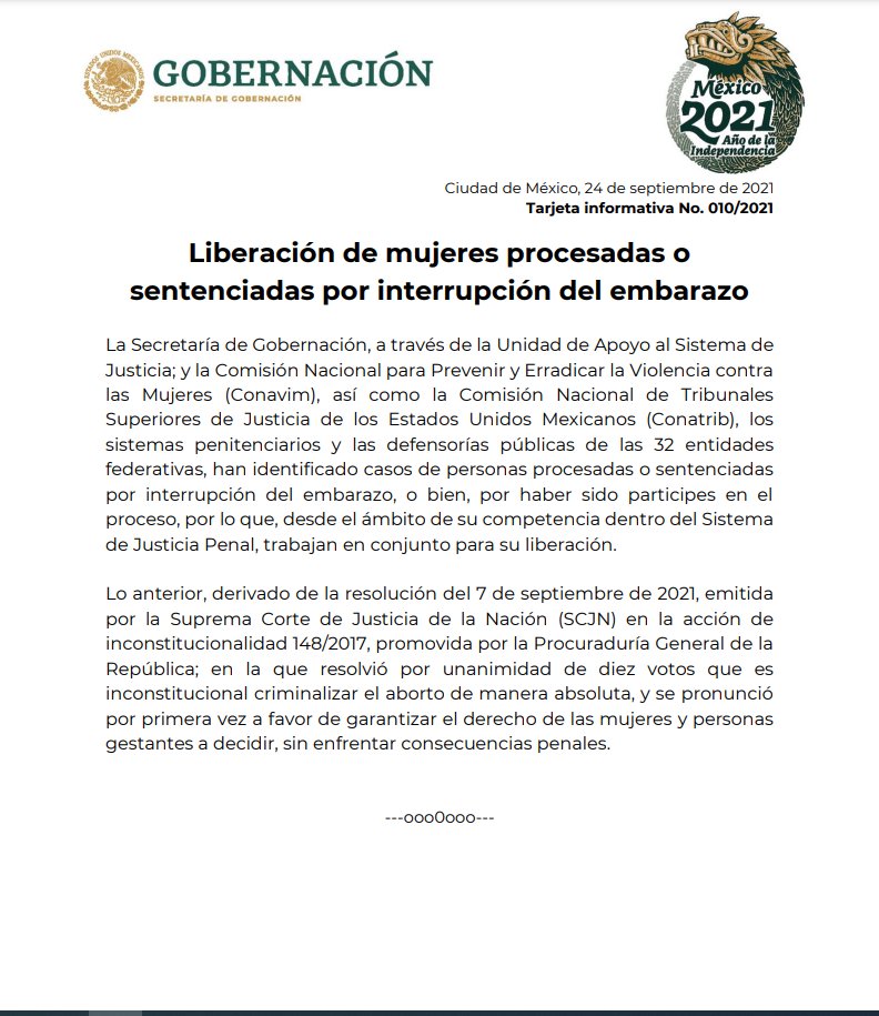 ¡Van a liberar a mujeres que están presas por abortar!

La <a href="/SEGOB_mx/">Gobernación</a> anunció que trabaja en la liberación de estas mujeres y de quienes las hayan acompañado, todo como resultado de la sentencia de la <a href="/SCJN/">Suprema Corte</a> que despenalizó el aborto.