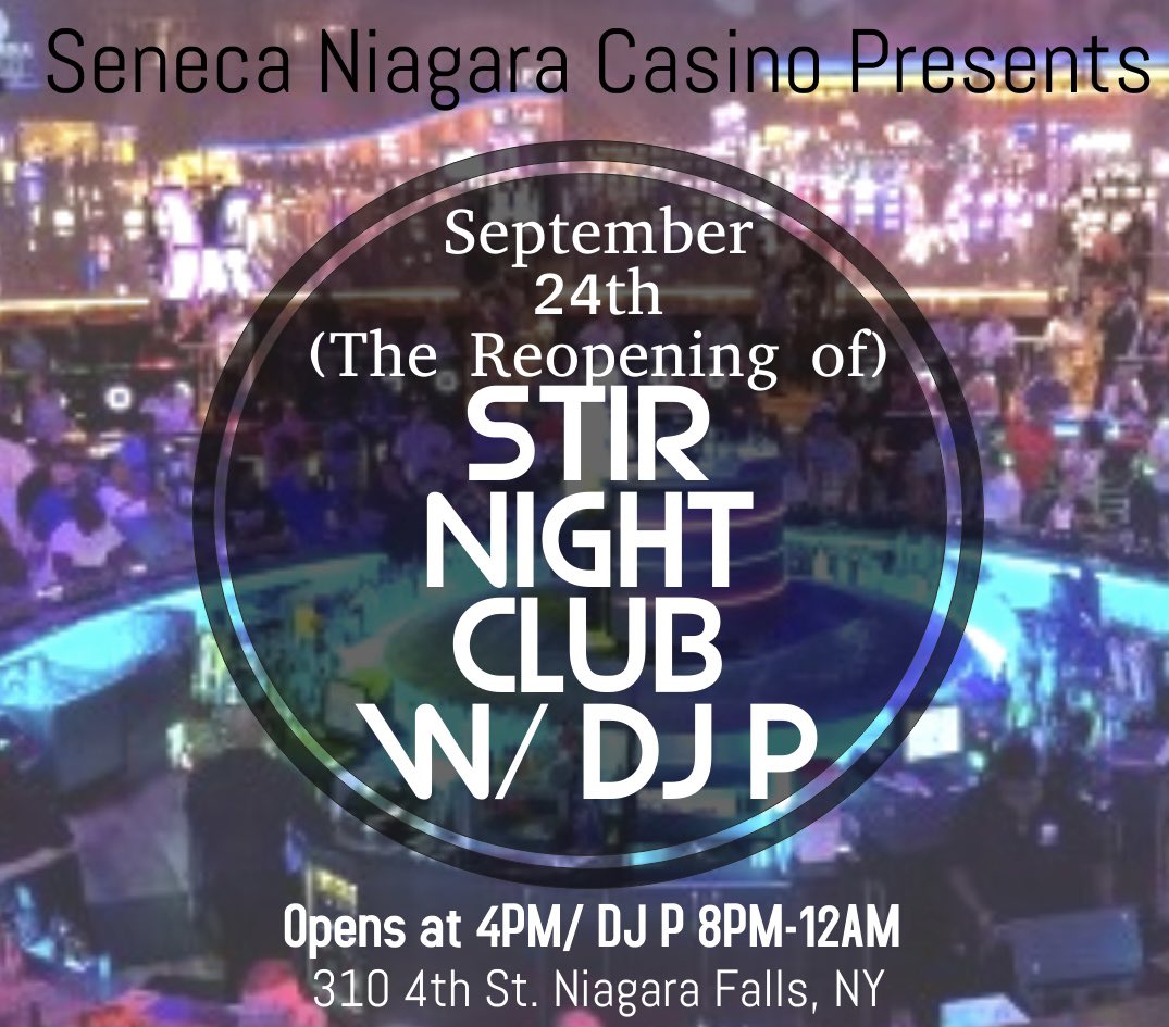 DjPNasty1's tweet photo. Allow me to reintroduce you to Stir at @SenecaCasinos
Reopening is tonight & I’m (@DjPNasty1 ) live on the set!
Been too long since I’ve seen you last on the dancefloor, see you tonight
#nothingelsecomesclose #djpnasty
@SenecaBuffalo @SenecaAllegany https://t.co/mV61IN5kMG