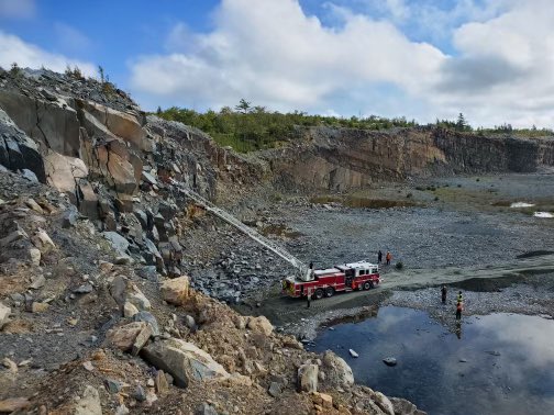 Our crew were called out to rescue a small dog stuck on a cliff at a pit on Rocky Lake Road. Dexter construction crews created a road for us to position an aerial - the dog has been rescued and is very happy to be out of danger! ❤️🐾🐶