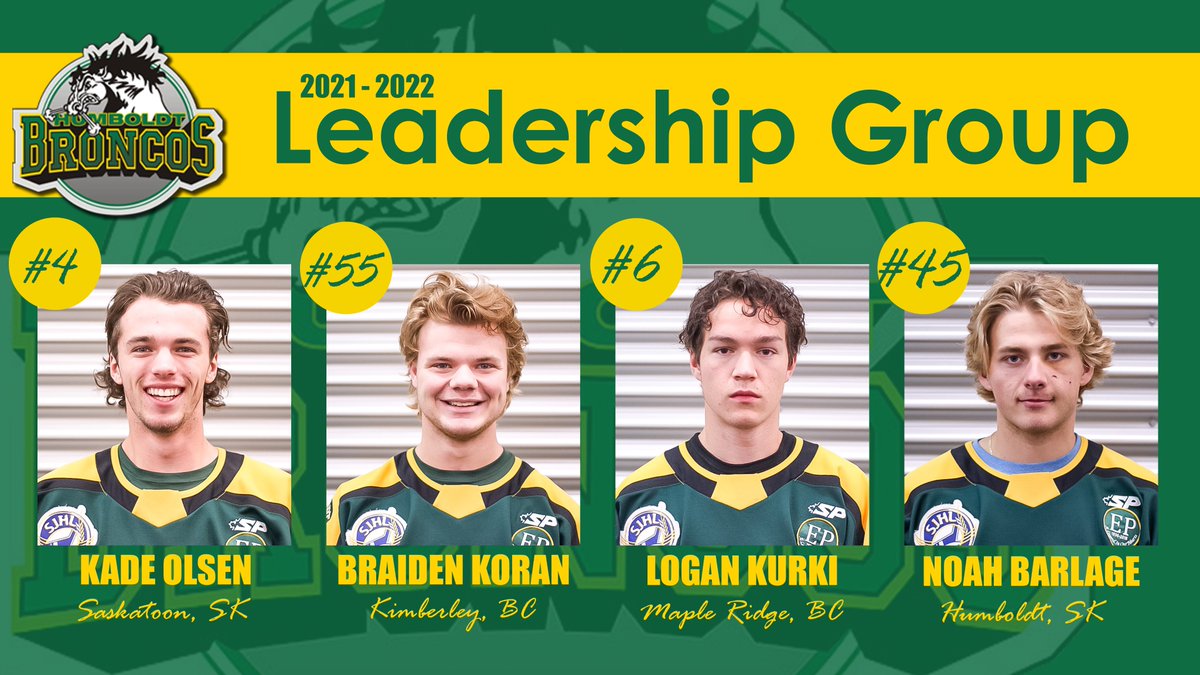 Your 2021-22 Humboldt Broncos 🐎Leadership Group

C: Kade Olsen
A: Braiden Koran
A: Logan Kurki
A: Noah Barlage

#giddyup #broncoshockey