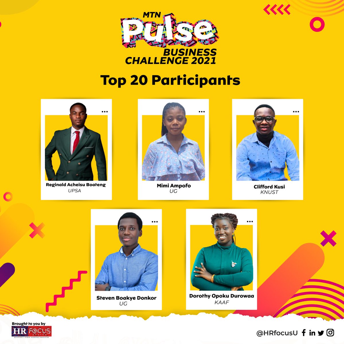 FocusDigitalGh's tweet photo. Congratulations to the Top 20 finalists of the MTN Pulse Business Challenge Competition 2021!
The road ahead promises to be an exciting one! We wish you all the best! #MTNPulseBC #HRFocusbc #focusedonyou https://t.co/So9hXYFCNM