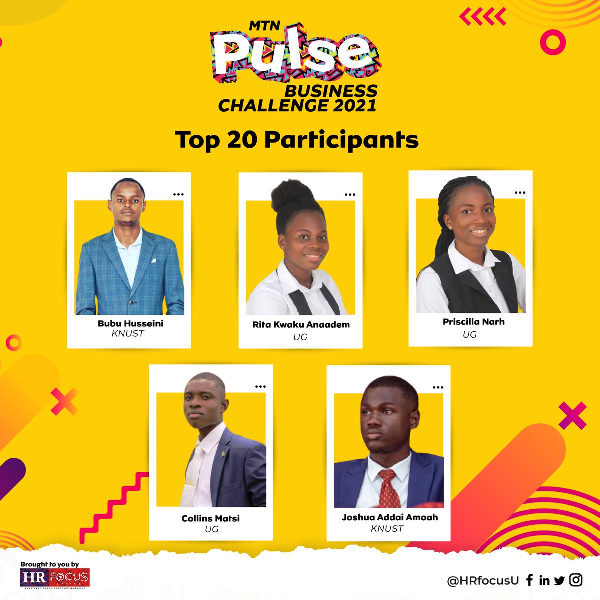 FocusDigitalGh's tweet photo. Congratulations to the Top 20 finalists of the MTN Pulse Business Challenge Competition 2021!
The road ahead promises to be an exciting one! We wish you all the best! #MTNPulseBC #HRFocusbc #focusedonyou https://t.co/So9hXYFCNM