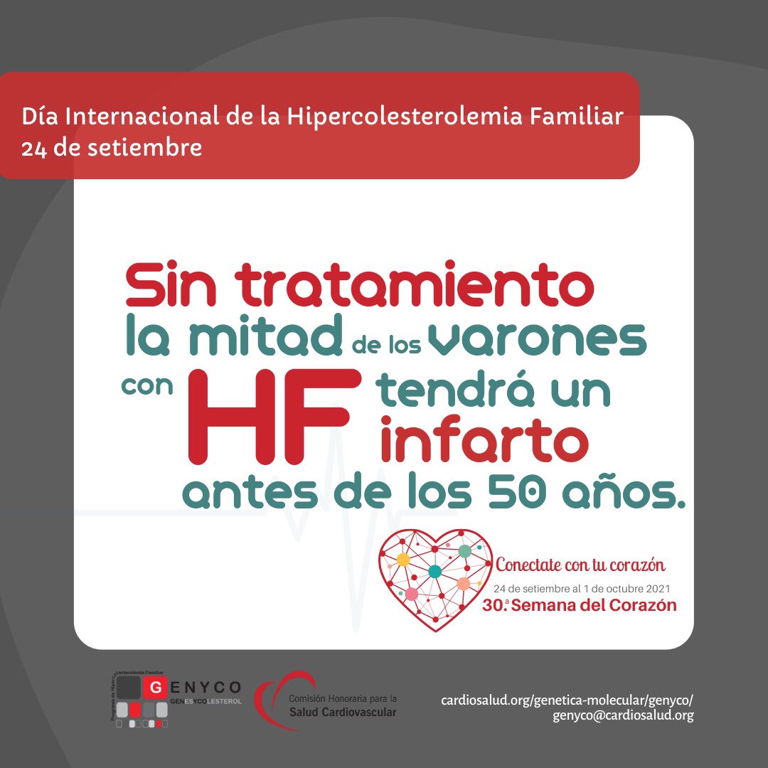 GenycoPrograma's tweet photo. Hoy es el Día Internacional de la #HipercolesterolemiaFamiliar. Ayúdanos a sensibilizar a la población sobre los efectos de la #HF. ¡Debemos evitar que el infarto sea el primer aviso! #DescubreTuHF #RedHF #KnowFH https://t.co/qPCbSPVeAS