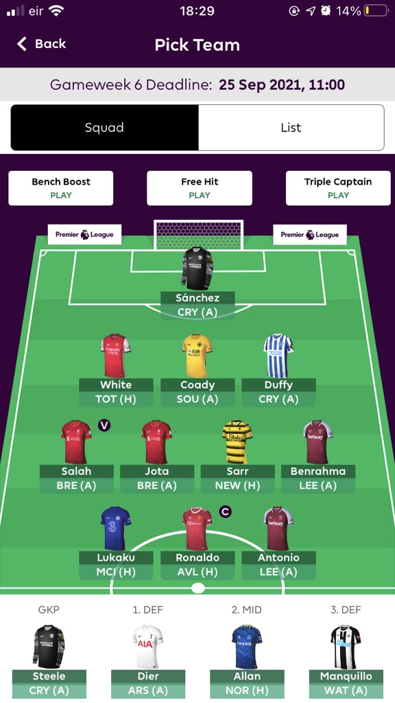 FPLSHOOTER's tweet photo. @FPLSteve Similar teams mate. Start white or dier? https://t.co/aN6XmHp5SS