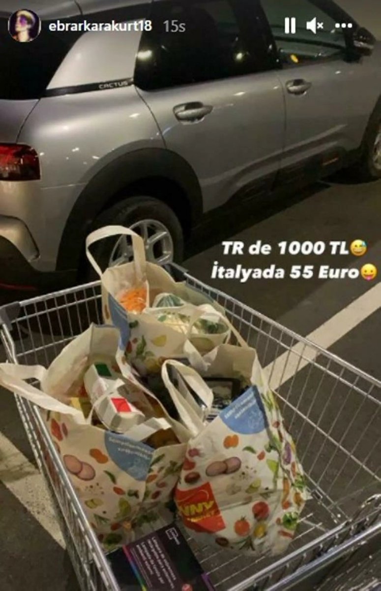 Ebrar Karakurt, yaptığı alışverişin fotoğrafını paylaştı: "İtalya'da 55 euro, Türkiye'de 1000 lira"