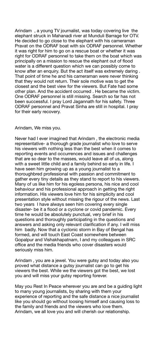 PradeepJenaIAS's tweet photo. Arindam Das @otvnews lost his life while reporting today . I miss you Arindam. May you Rest In Peace. @SRC_Odisha . A small write by me on Arindam below. https://t.co/1FnGXdK8Qr