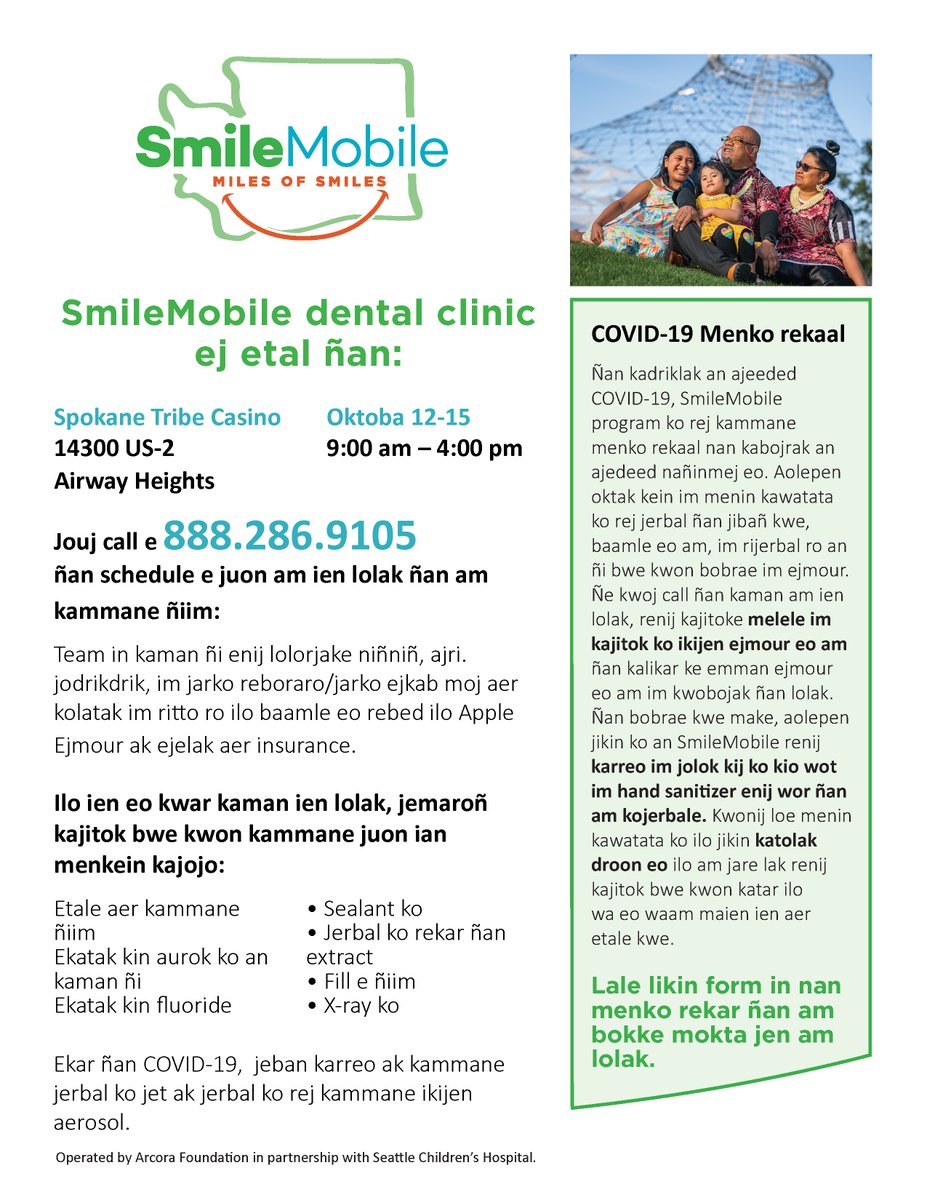 smile_spokane's tweet photo. The Smile Mobile is coming to Airway Heights October 12-15! Thank you, Spokane Tribe of Indians, @ARCORA, @BetterHealthEWA, and the @CHAS_health Marshallese community health workers for partnering to support Marshallese families in our region.

Help us spread the word! https://t.co/ll06FZytCz