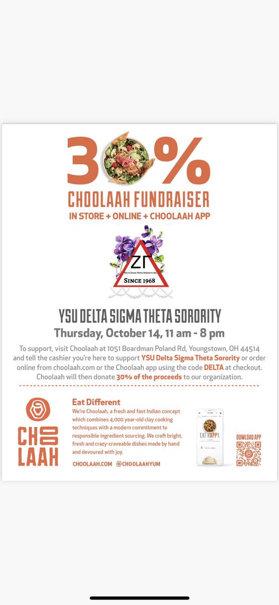 SAVE THE DATE! We have a fundraiser coming up at Choolaah in Boardman! 

To support us, head over to Choolaah on October 14th from 11am-8pm. 

 Tell the cashier you’re supporting Delta Sigma Theta or use the app to checkout with the code DELTA😉