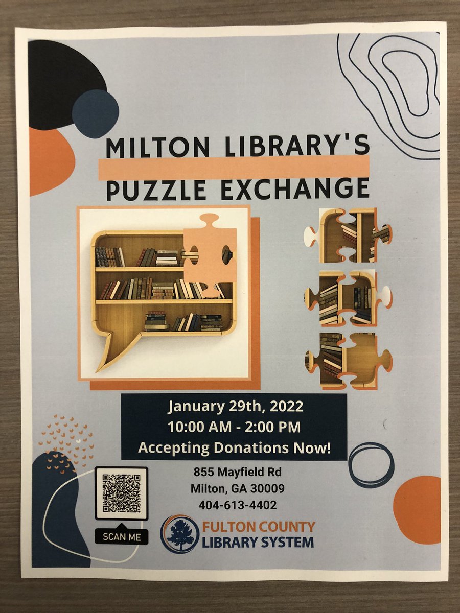 Bookman30022's tweet image. The #MiltonLibrary is accepting new and gently used puzzles for our upcoming puzzle exchange in late Jan.  Keep an eye open for more details as we get closer to National Puzzle Day-  Jan 29,2022.  @cityofmiltonga @fulcolibrary