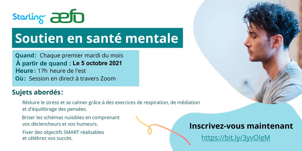 AEFO_ON_CA's tweet photo. Horaires chargés, pressions au travail, équilibre travail-vie personnelle… trouver du temps pour s'occuper de soi-même peut parfois être un défi! C'est pourquoi l'AEFO vous propose de participer aux Moments du mardi du programme Starling. 

Inscription : https://t.co/NH1xktJxD9 https://t.co/Yo2BxR5ZAR