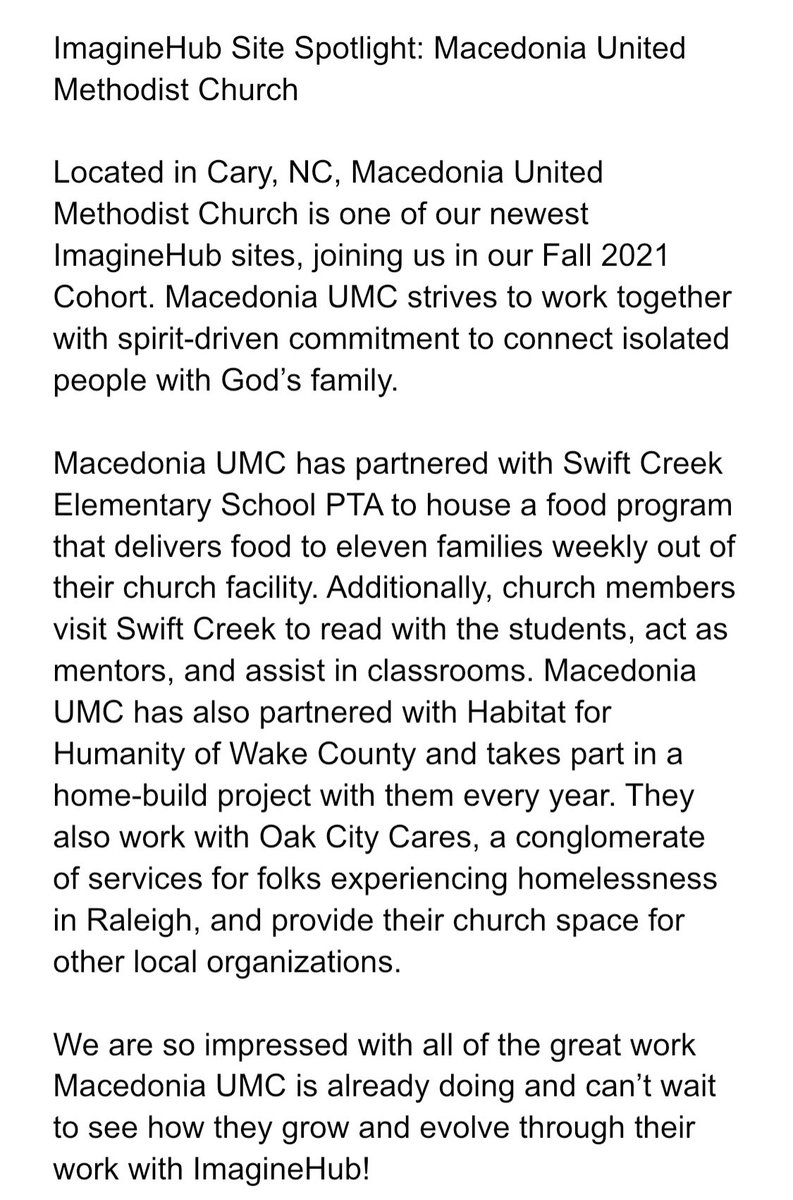 ImaginehubU's tweet photo. ImagineHub Site Spotlight: Macedonia United Methodist Church

We are so impressed with all of the great work Macedonia UMC is already doing and can’t wait to see how they grow and evolve through their work with ImagineHub! https://t.co/ckcQvAdykI