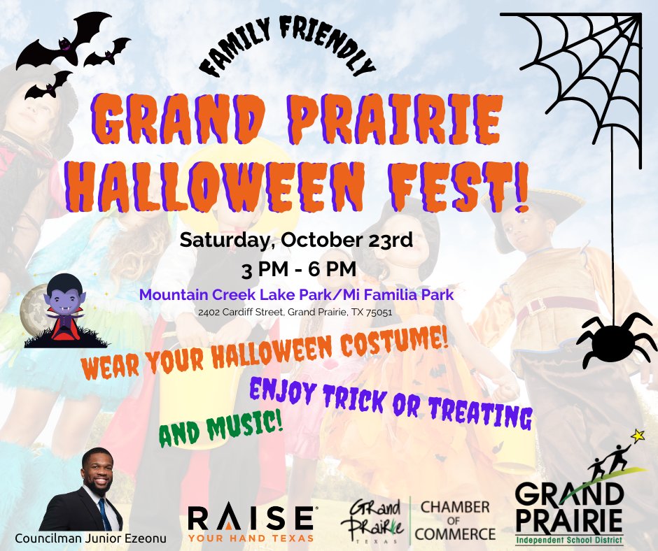 Save the date for the Halloween Fest happening on October 23rd from 3-6PM. Wear your Halloween costume and enjoy trick or treating and music. Happening at Mi Familia Park! 

If you want to be a vendor, reach out to Michelle@GrandPrairieChamber.org
See you there!