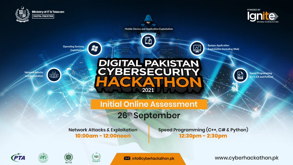 IgniteNTF's tweet photo. "Digital Pakistan Cybersecurity Hackathon 2021"
Initial Online Assessment Schedule.
Please your check emails for more details.
For updates, stay tuned & visit: https://t.co/9dzmriUaPm
#HappeningTomorrow
#cybersecurityhackathon21 #hackathon #cybersecurity #digitalpakistan https://t.co/WqWuw5gMMO