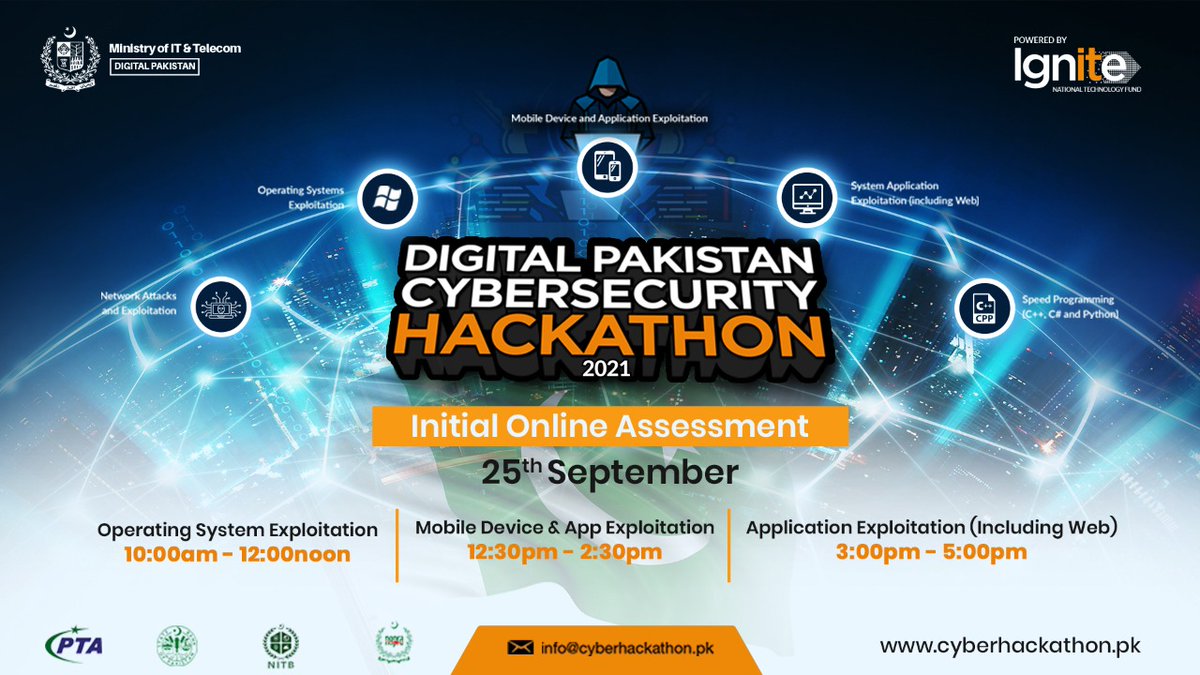 IgniteNTF's tweet photo. "Digital Pakistan Cybersecurity Hackathon 2021"
Initial Online Assessment Schedule.
Please your check emails for more details.
For updates, stay tuned & visit: https://t.co/9dzmriUaPm
#HappeningTomorrow
#cybersecurityhackathon21 #hackathon #cybersecurity #digitalpakistan https://t.co/WqWuw5gMMO
