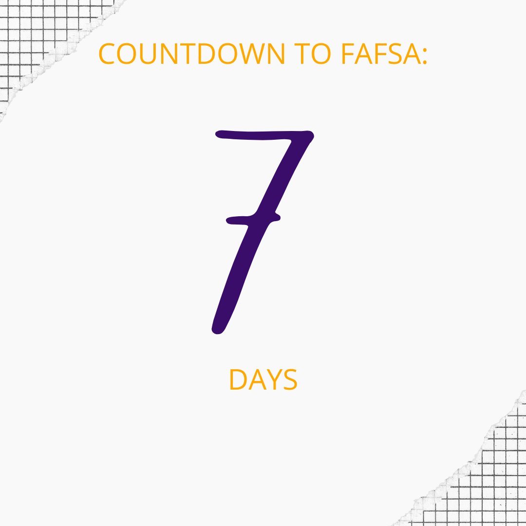 🚨7 Days until the 2022-23 FAFSA opens! 🚨 You'll also be automatically entered to win a $200 Book Award if you file on October 1st!⠀
⠀
Need help filing your FAFSA? We'll have 2 Zoom sessions with advisors on Oct 1st! See PurplePost or our Facebook events for more info
⠀
#WIU