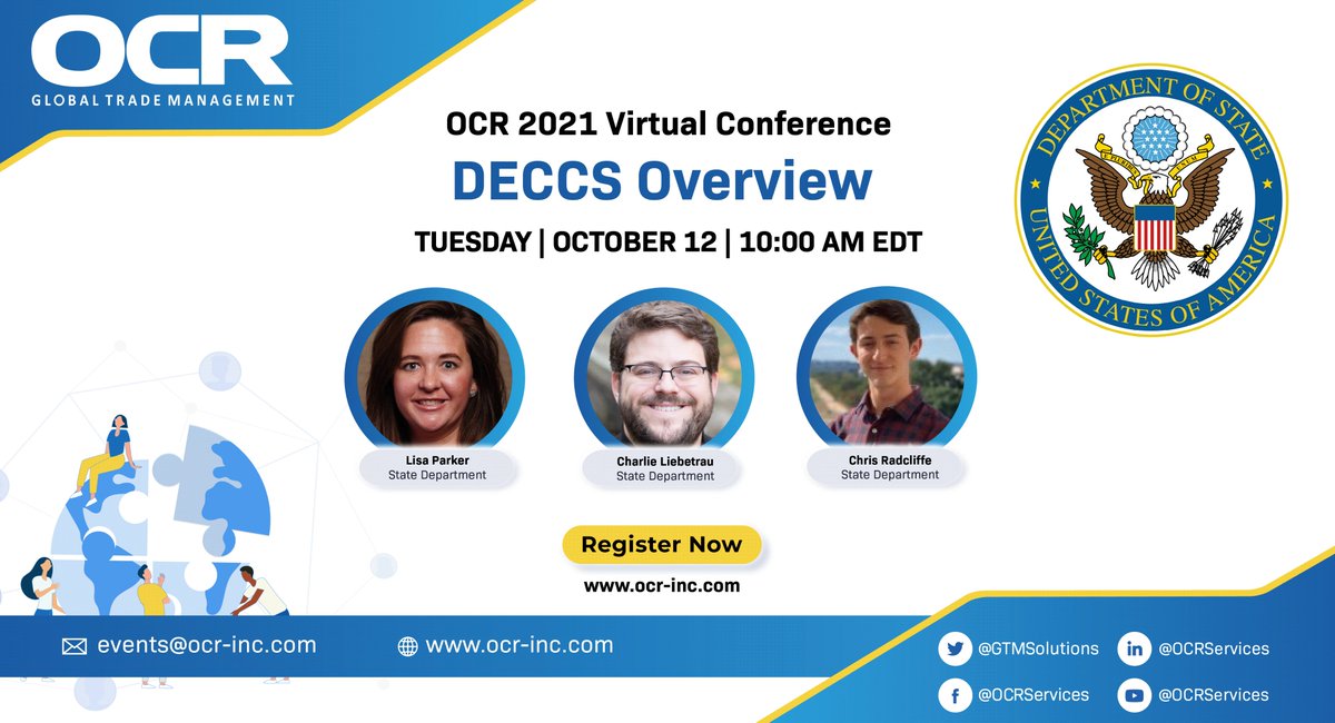 GTMSolutions_UK's tweet photo. Join us for our first webinar on Tuesday, October 12th, 3:00 PM BST, as Lisa Parker, Charlie Liebetrau, and Chris Radcliffe from the U.S. State Department provide us with a DECCS Update &amp; Roadmap. Reserve your spot today: https://t.co/Q3bqbimNrk #OCRConnect #webinar https://t.co/CIAVG1mdOu