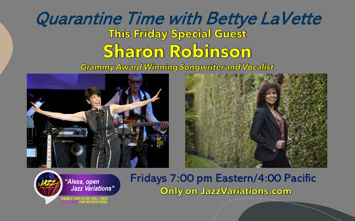 Tonight!  Please join us for a terrific hour of music and conversation on Quarantine Time with @BettyeLaVette  and special guest @sharonrobinsong   

It's at 7pm Eastern/4pm Pacific, only at JazzVariations.com !