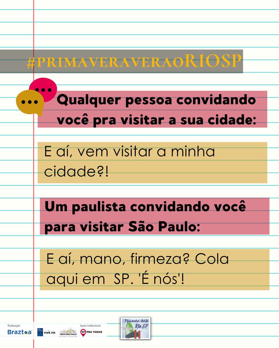 visitesaopaulo's tweet photo. É assim ou não é? 😂
Deixe a sua versão de convite paulistana e aproveita e já convida um amigo(a) carioca pra te visitar!
#visitesp #sppratodos #riocvb #braztoa #primaveraveraoriosp #oquefazeremsp https://t.co/1VmD9bWkLP