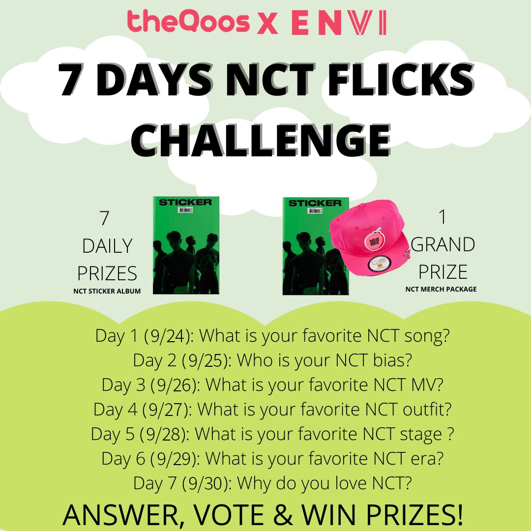 theQoos_'s tweet photo. [EVENT] We are collaborating with @envimediaco to host a 7-Day NCT Flicks GIveaway 🤩💖

Answer &amp; win every day:
(7) PRIZES - NCT ‘STICKER’ Album
(1) GRAND PRIZE - NCT Merch Package

Free to Enter in @theQoos #KPOP app: https://t.co/22l6pAb0Rf

#NCT #NCTZEN #THEQOOS #NCTFLICKS https://t.co/8nxFRUiR6h