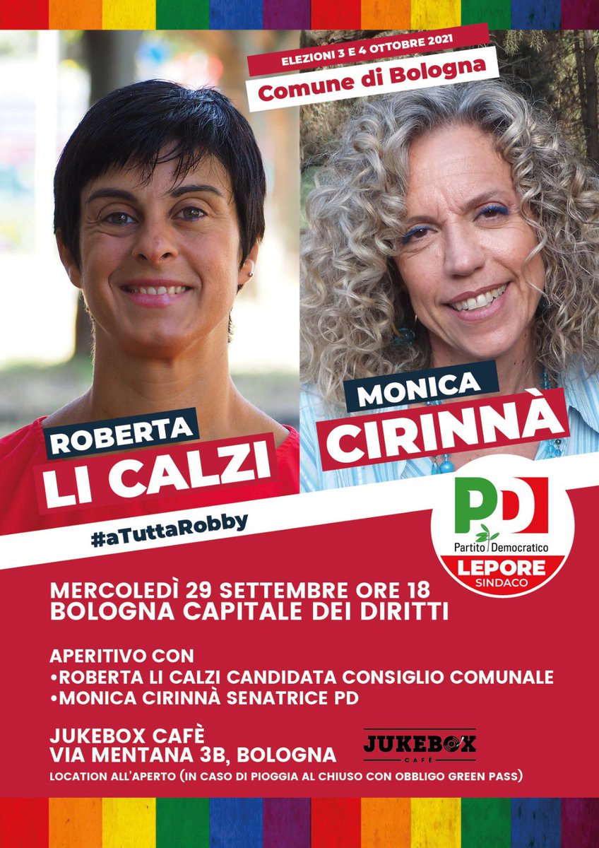 Inizia l’ultima settimana di campagna elettorale. Il 29 <a href="/MonicaCirinna/">Monica Cirinnà</a> sarà a #Bologna a sostegno di Roberta Li Calzi <a href="/Robby_Bologna/">ROBBY BOLOGNA</a> . Accorrete! <a href="/DEMSArcobaleno/">DemsArcobaleno</a> <a href="/ReteDem/">ReteDem</a> #LGBT  #LeporeSindaco <a href="/pdnetwork/">Partito Democratico 🇮🇹 🇪🇺</a> <a href="/PDBologna/">PD Bologna</a> #diritti <a href="/gaypostit/">Gaypost.it</a>  <a href="/GayNewsItaly/">GayNewsItaly</a>