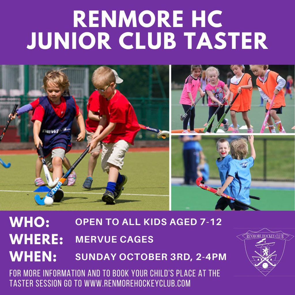 Renmore_Hockey's tweet photo. Join us for our taster day for 1st to 6th class on Sunday the 3rd! All you need is a mouthguard and shin guards 🏑💜☺️ https://t.co/EGc2ixzKIt
