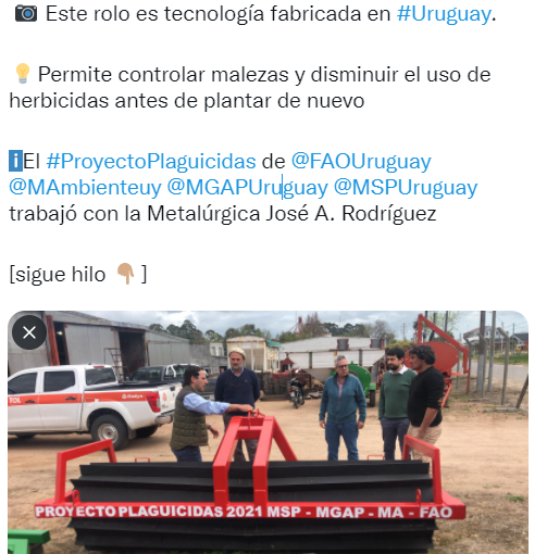 FAOUruguay's tweet photo. 📷Este rolo es tecnología fabricada en #Uruguay. 

💡Permite controlar malezas y disminuir el uso de herbicidas antes de plantar de nuevo

ℹ️El #ProyectoPlaguicidas de @FAOUruguay @MAmbienteuy @MGAPUruguay @MSPUruguay trabajó con la Metalúrgica José A. Rodríguez 

[sigue hilo 👇🏽] https://t.co/fcagvPqbno